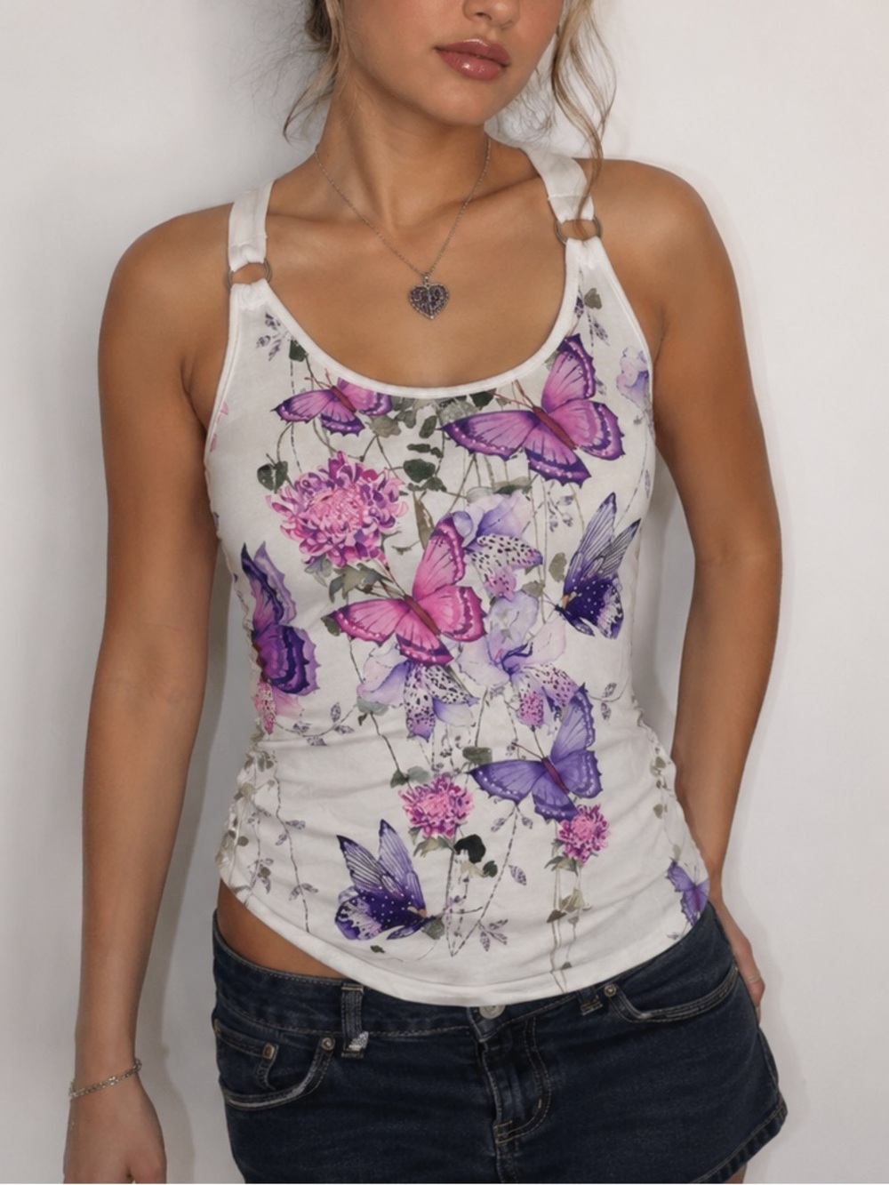 Y2K  Butterfly Lace-Back Tank Top - White with Purple/Pink Print